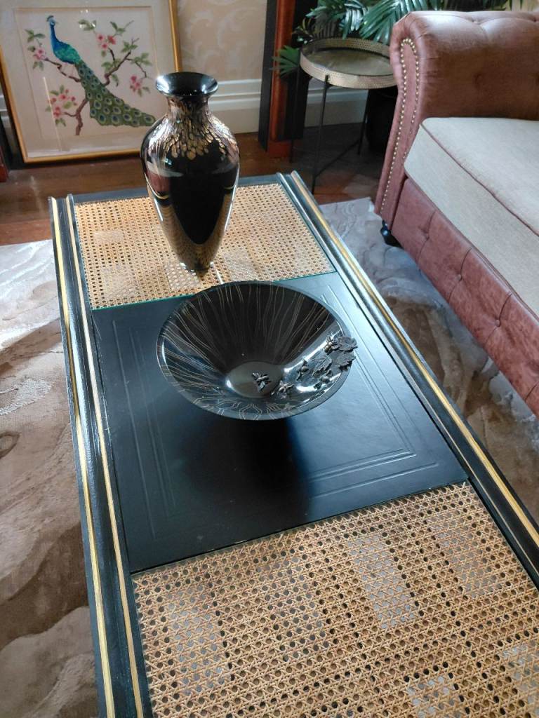 Mid century large coffee table upcycled American import.