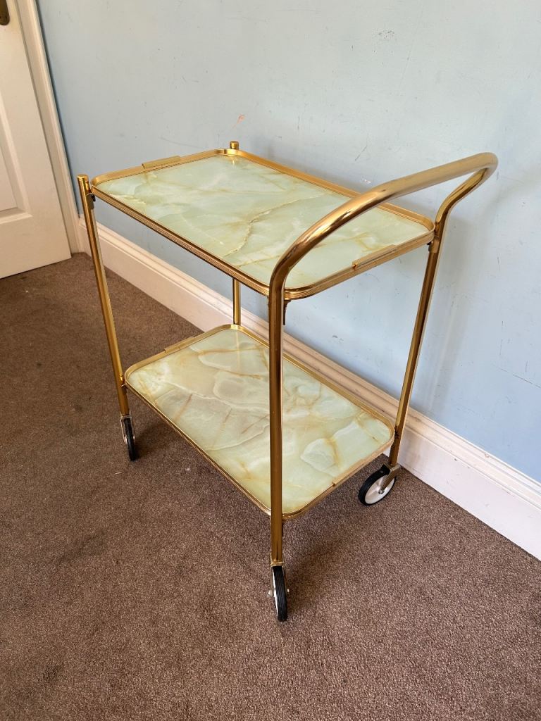 Vintage Gold Metal Tea Trolley with 2 Trays on wheels Marble Effect   J215