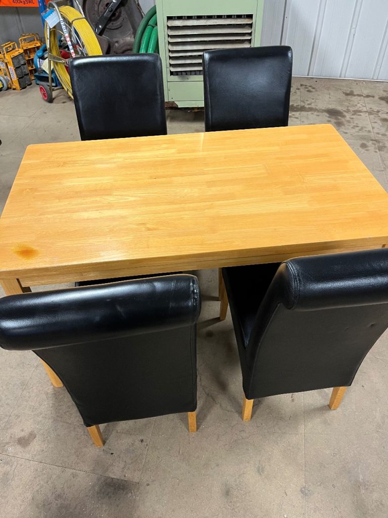 Wooden Dining Table with 4 Black Leather Chairs