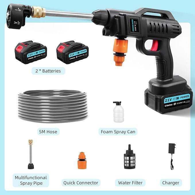 Share 21V Cordless Pressure Washer 62 Bar Jet Wash Gun 6-in-1 5M Hose 2 Batteries