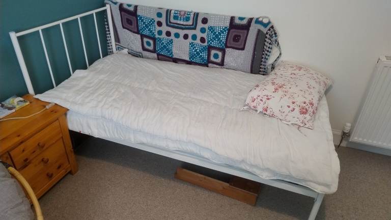 White metal bed frame and mattress, £20