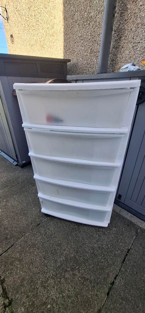 White Plastic Storage Drawers - 5 Tier, Good Condition