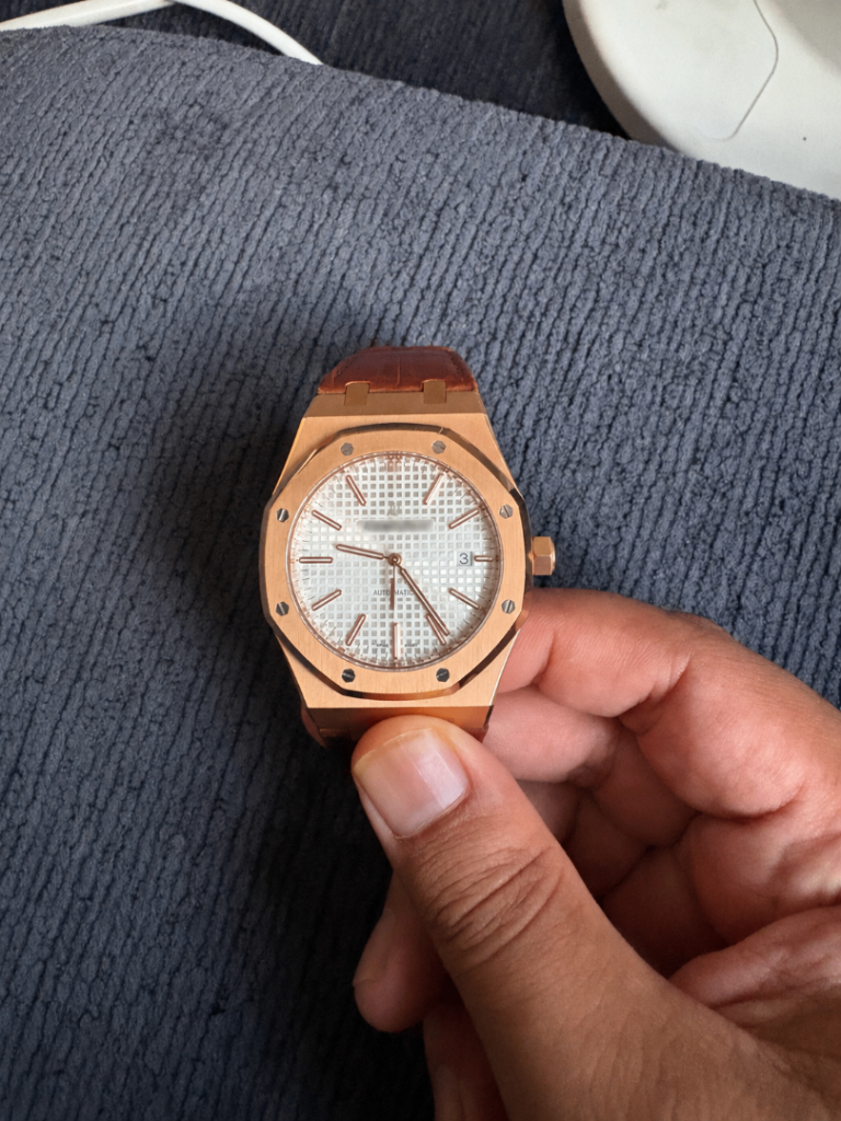 Rose Gold Tone Automatic Watch with Brown Leather Strap