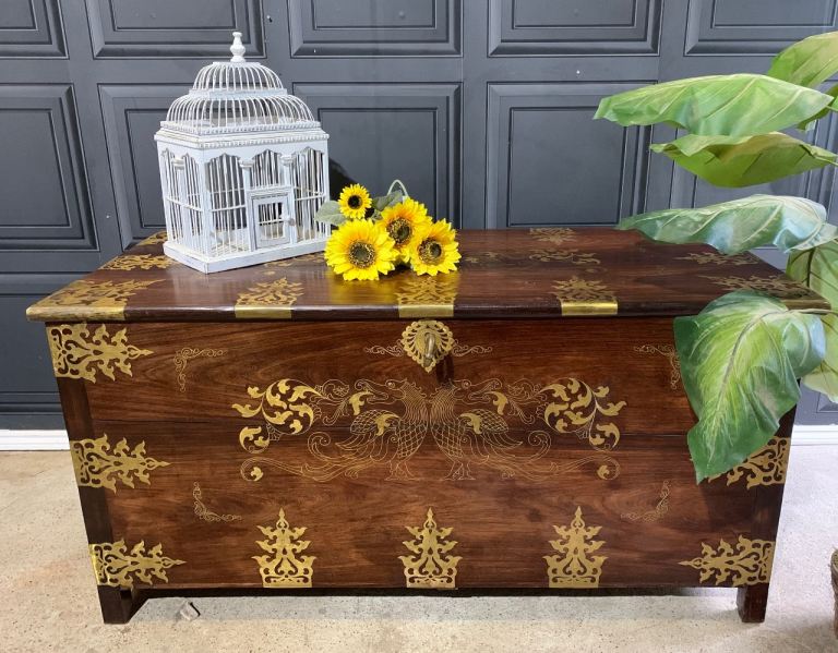 Anglo Indian Antique Style Solido I’m Rosewood & Brass Dowry Chest Blanket Box Storage Trunk