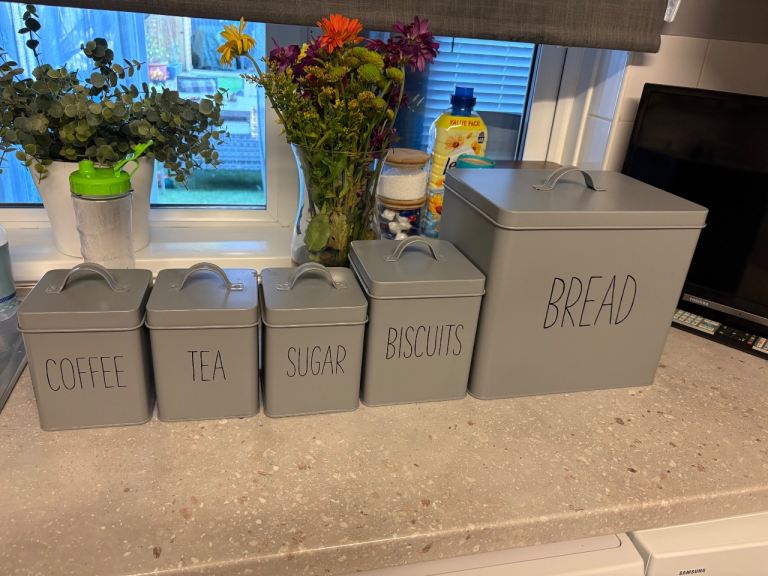 Set of 5 Grey Kitchen Storage Canisters – Bread, Coffee, Tea, Sugar, Biscuits