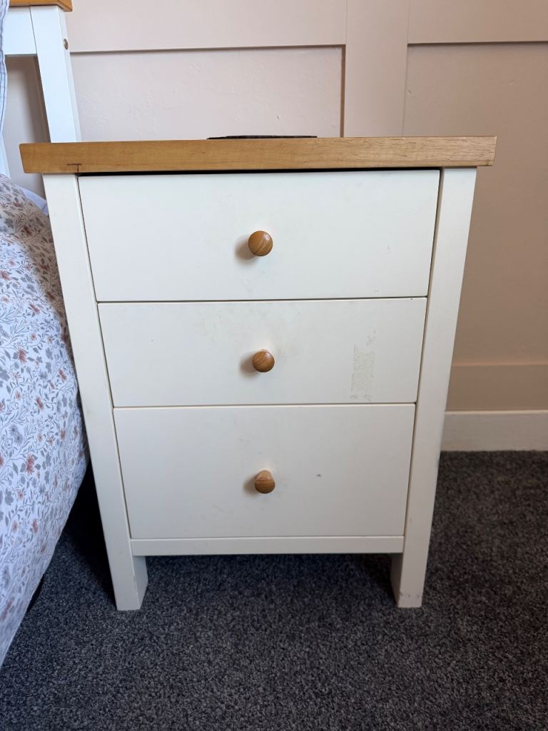 Cream and Wood Bedside Table with 3 Drawers
