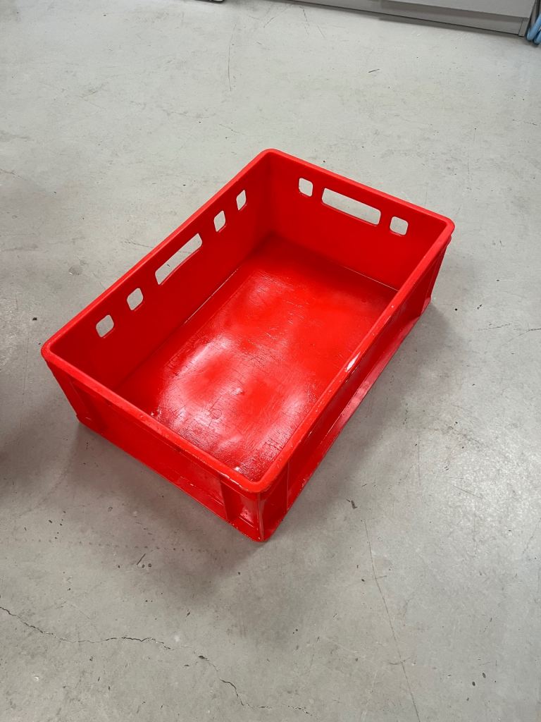 Red storage boxes