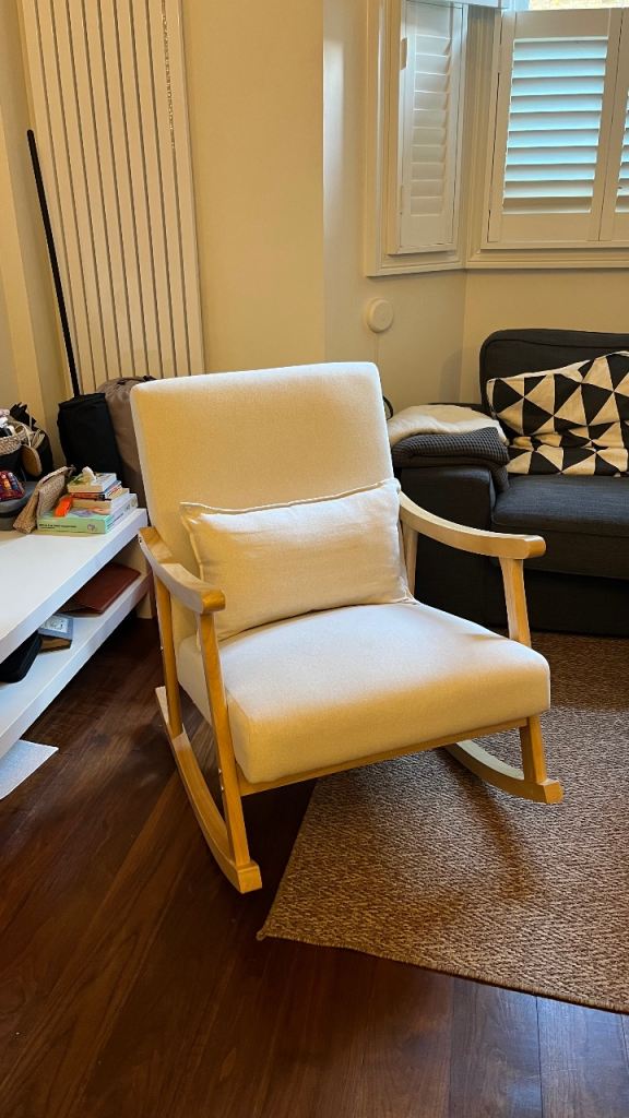 Beige Linen Rocking Chair – Solid Wood Frame – Excellent Condition