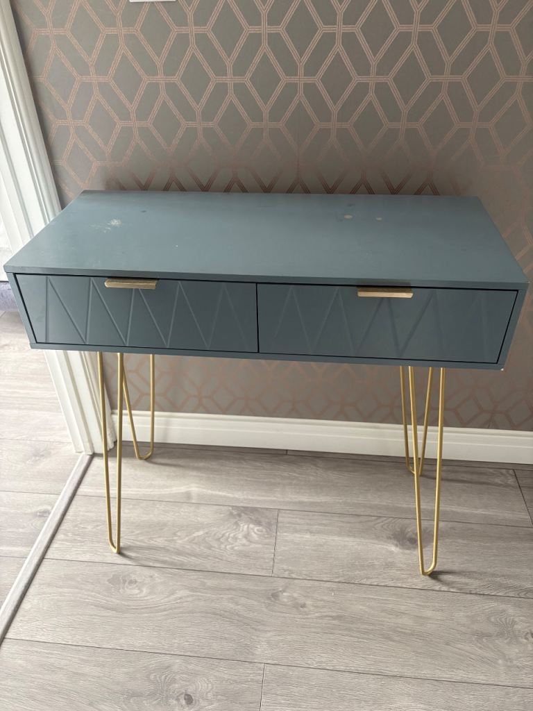 Blue Console Table with Gold Hairpin Legs – Good Condition
