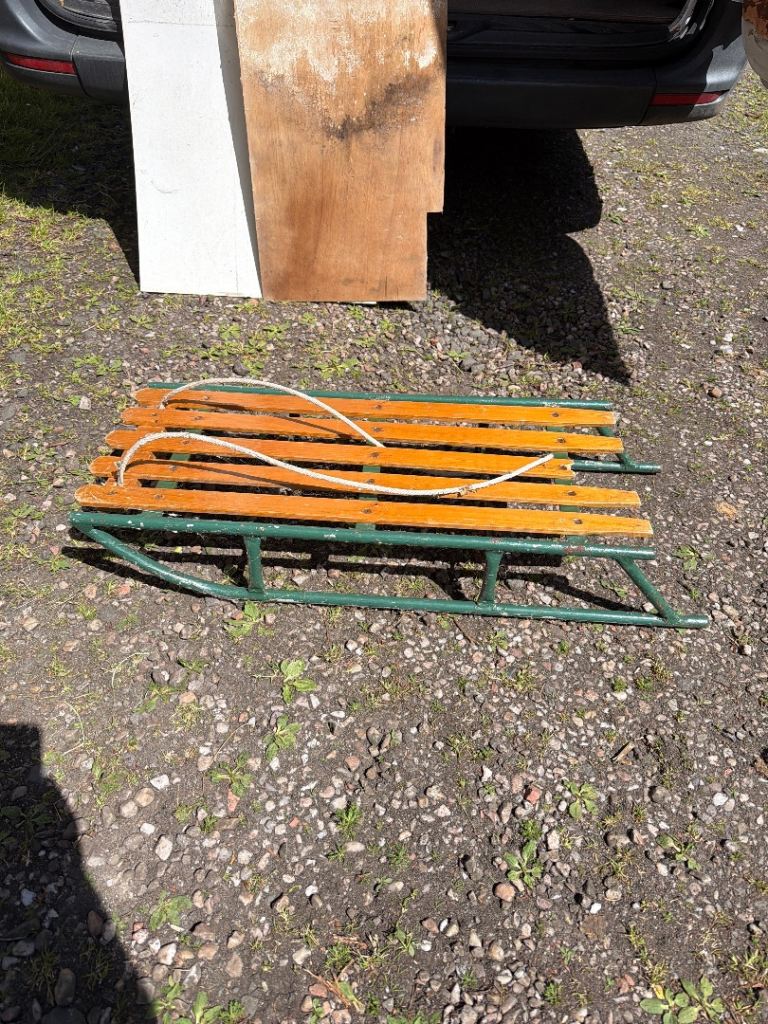 Classic Wooden Sledge with Green Frame – Fair Condition