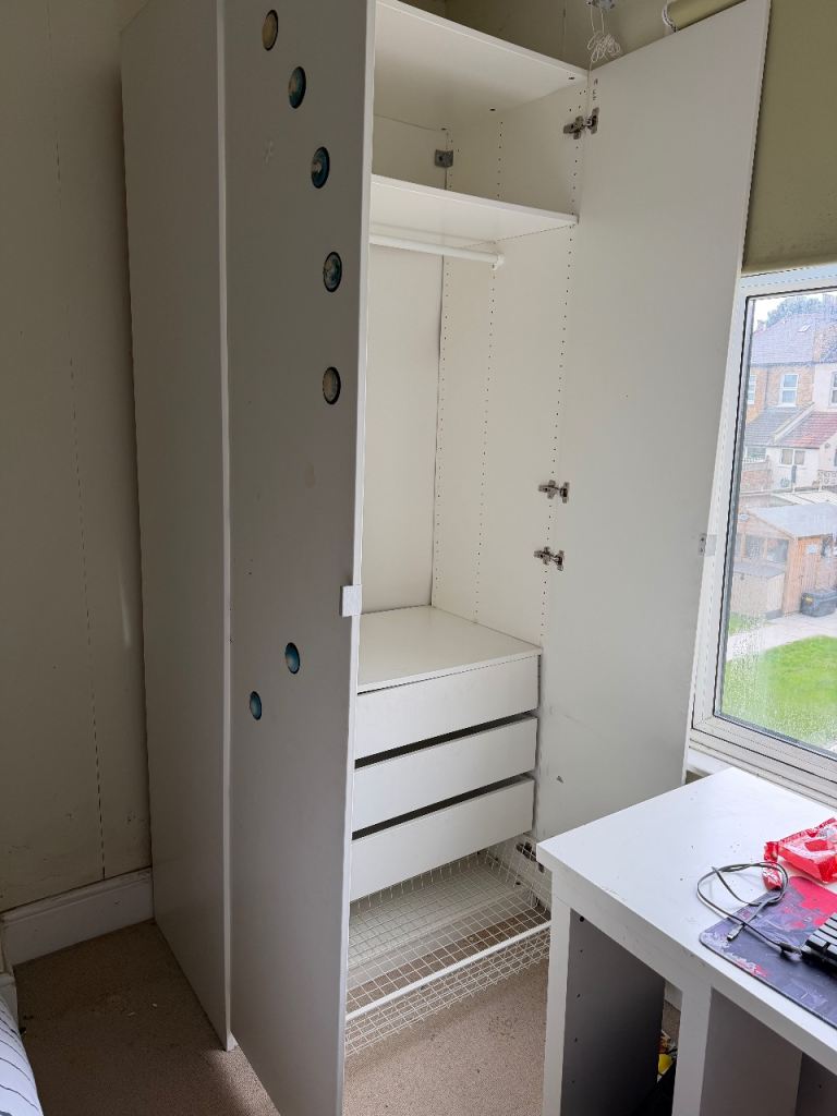 IKEA PAX Wardrobe Frame – White (100x58x201cm) – With Drawers & Rail