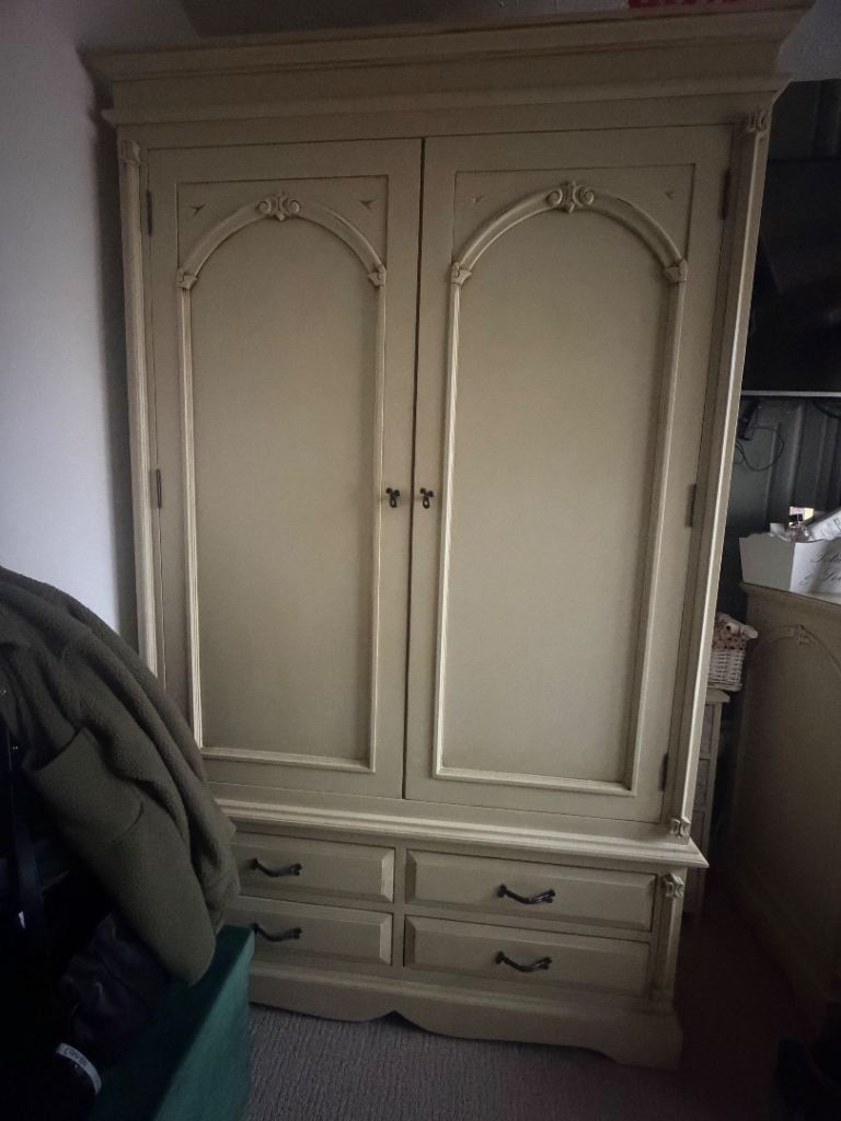 Cream Wardrobe, Chest of Drawers, and Bedside Tables Set