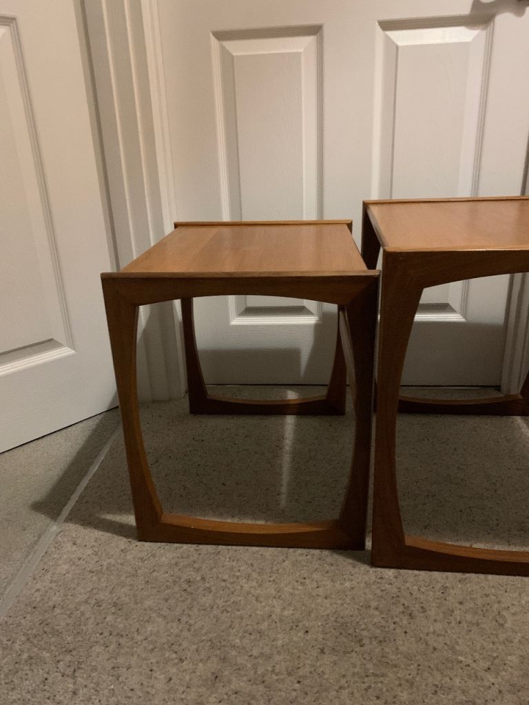G-Plan Mid Century Quadrille teak tables with red label. Retro Danish stlye