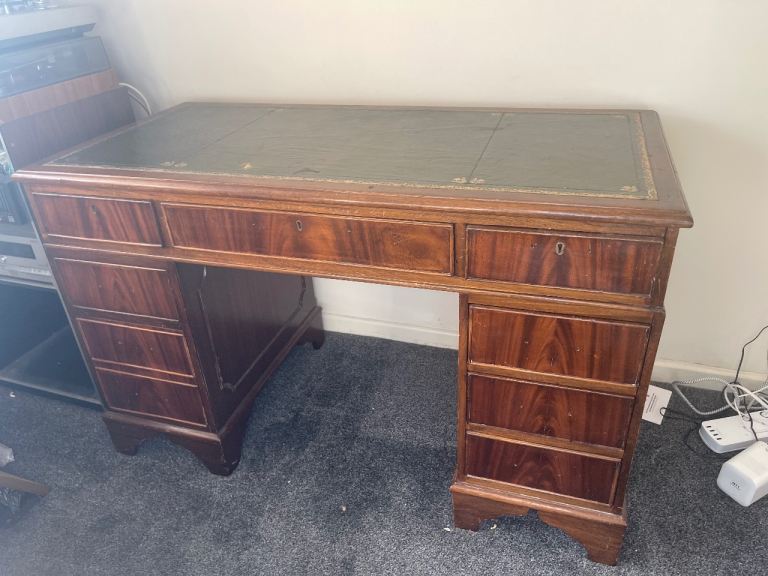 Victorian style Antique Green inlaid leather Desk