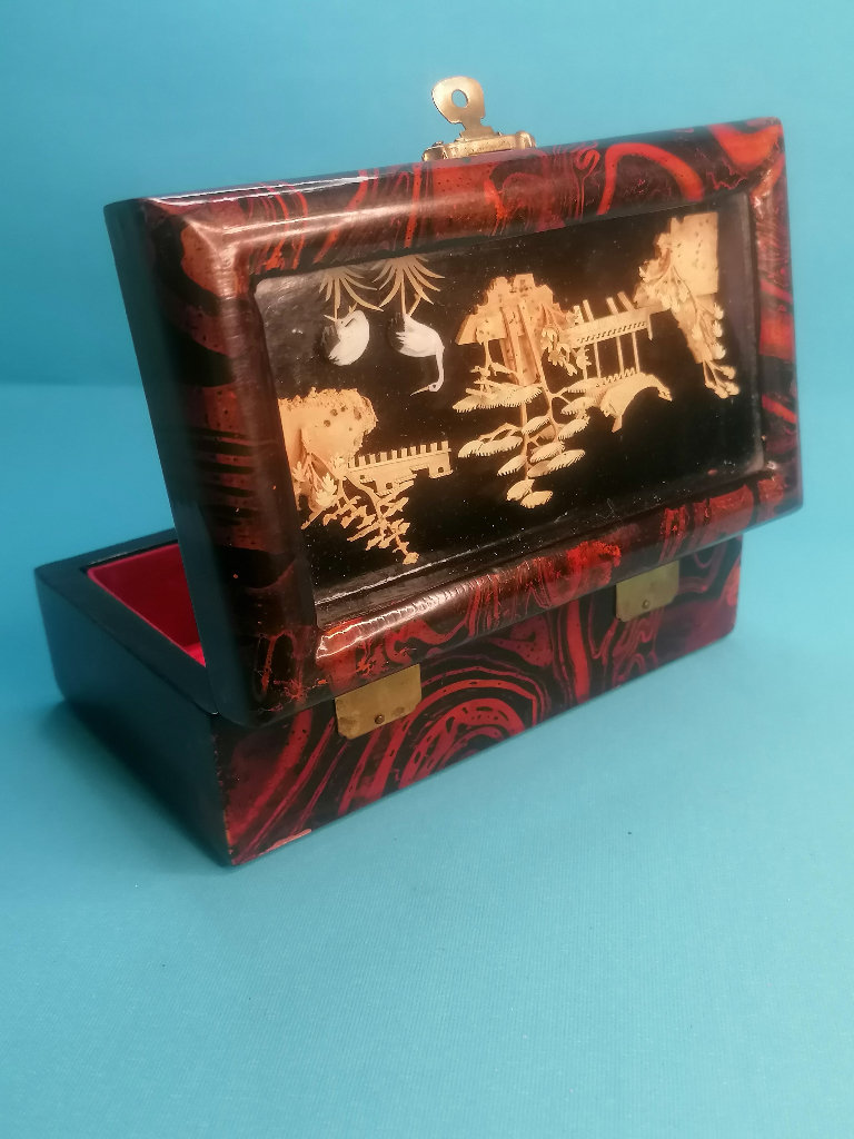 6-inch length. Vintage Asian Oriental Design 3-D Carved Cork Lacquered Jewelry Box.