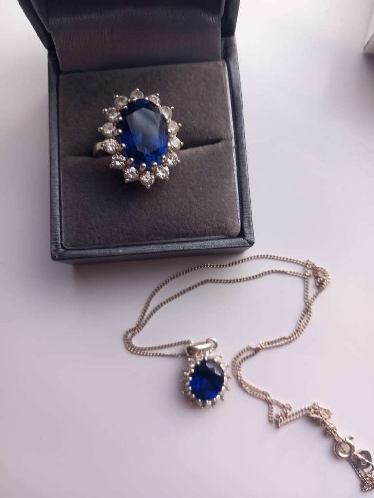 Blue Sapphire-Style Jewellery Set – Ring & Matching Pendant Necklace