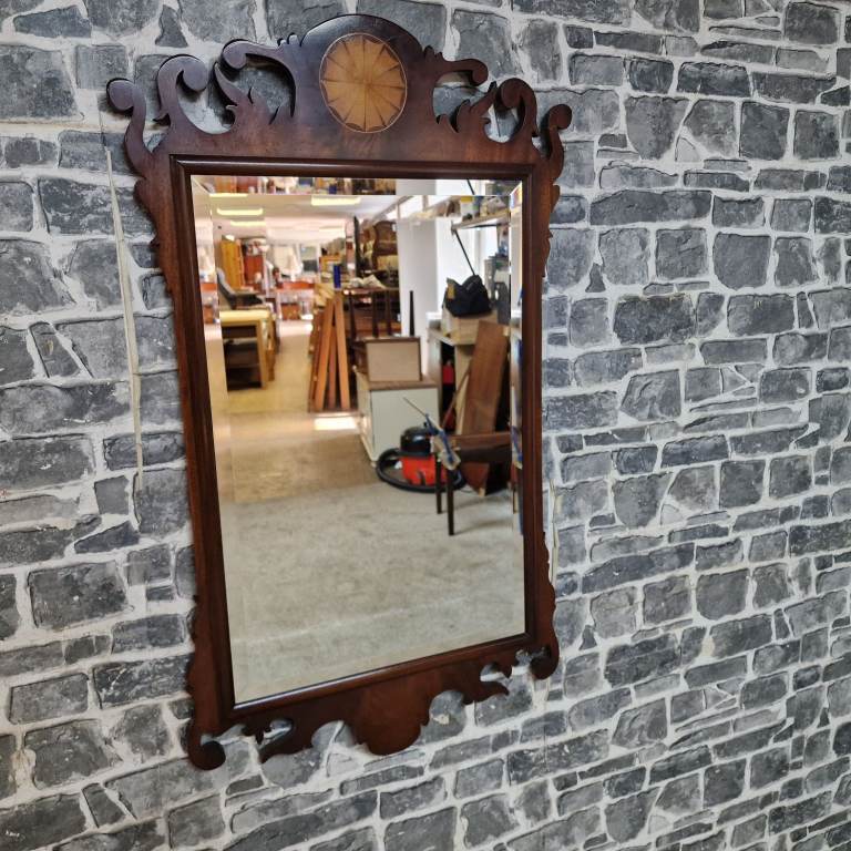 Antique 19th-Century Georgian Mahogany Fretwork Mirror with Bevelled Glass & Satinwood Inlay