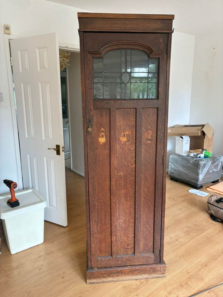 Antique M.D. Miller & Sons Wooden Cabinet with Leaded Glass