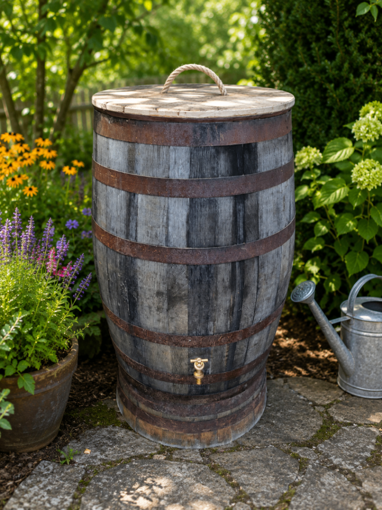 Large Wooden Rain Barrel Water Butt with Tap and Stand - 180 litre