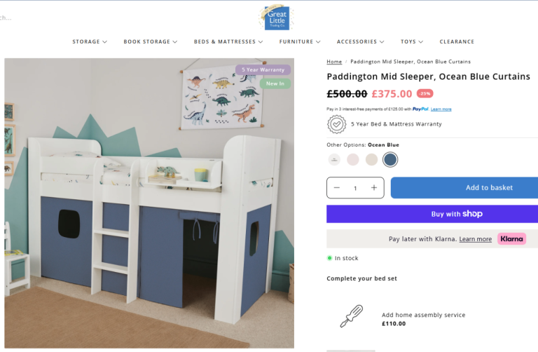 Great Little Trading Co. kids mid sleeper storage bed with curtains