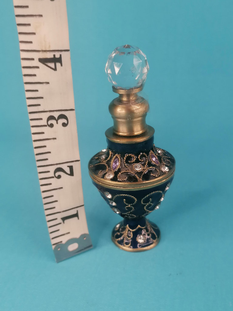 4-inch Vintage Enamel Glass and Crystals Perfume Scent Dressing Table Bottle.