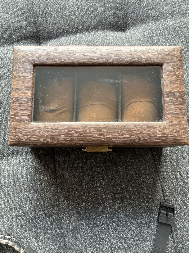 Wooden Watch Display Box with Glass Top and holders (holds 3 watches) - Like New