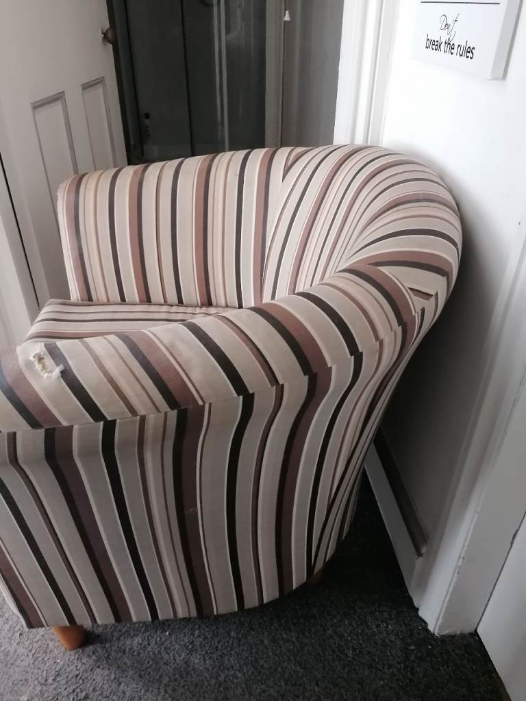 Striped Tub Chair – Brown/Cream/Black, Good Condition