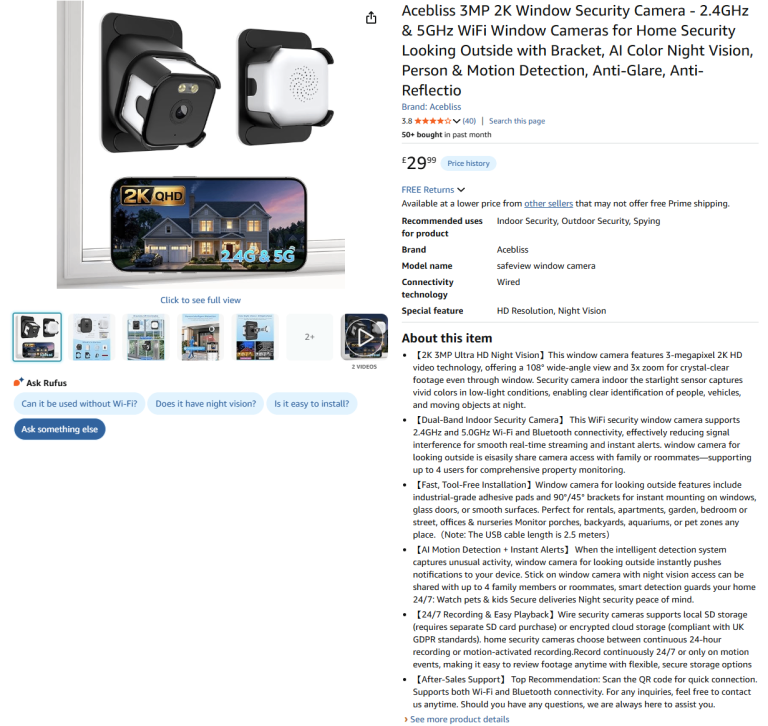 Brand New Sealed Acebliss 3MP 2K Window Security Camera - 50% Off!