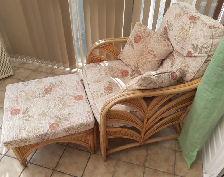 CONSERVATORY CHAIRS / STOOLS x 2 + TABLE - Bamboo and fully upholsered 