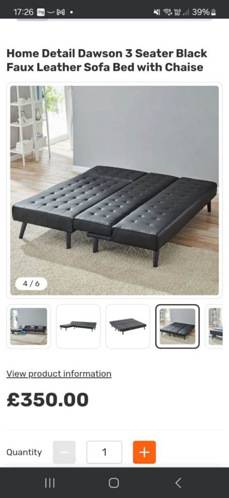 image for 3 Seater Black Faux Leather Sofa Bed with Chaise