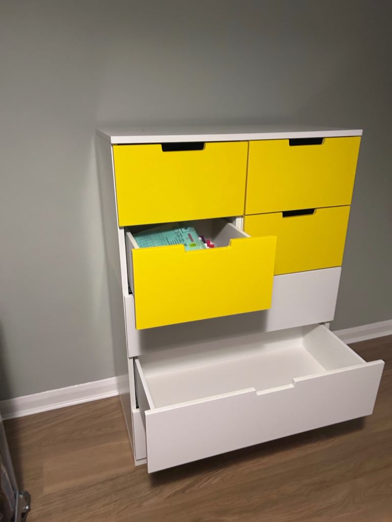 Chest of drawers + mirror + pendant light - from IKEA and Habitat - yellow for spring