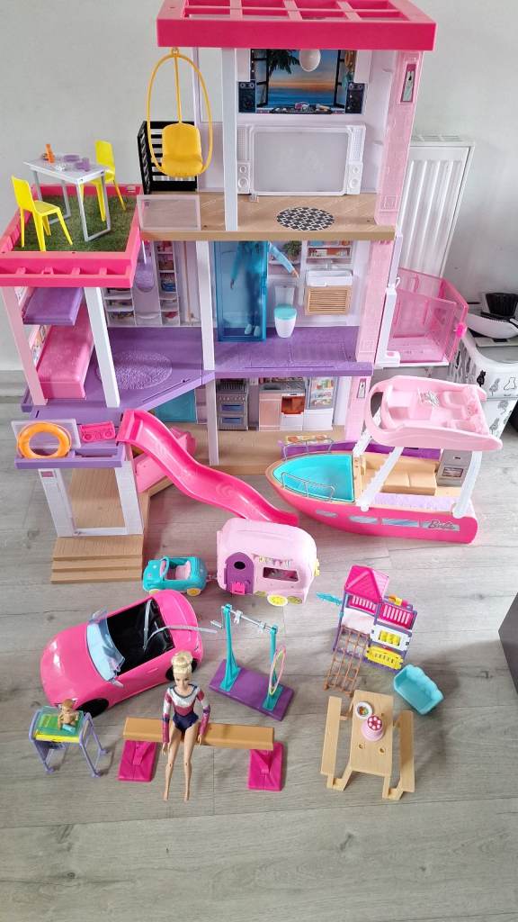 Huge Barbie Bundle - Dreamhouse, Dream Boat, 3-in-1 Dream, Camper, Convertible Car, & Accessories