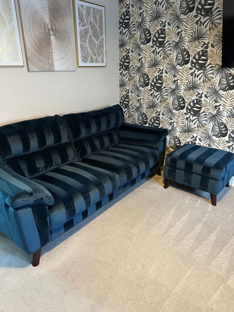 Lovely Blue Velvet Sofa and Matching Footstool – As Good As New