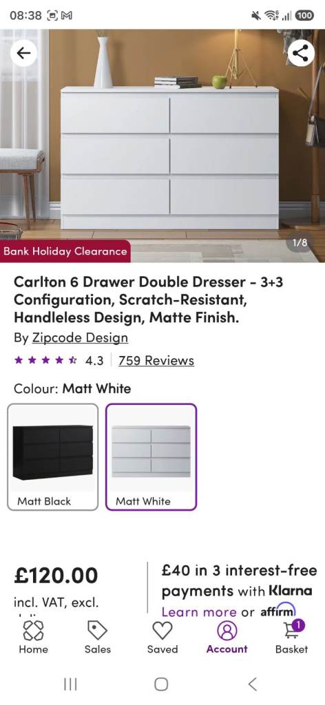 White Charlton Chest of Drawers, New In Box – 3 Over 3 Design