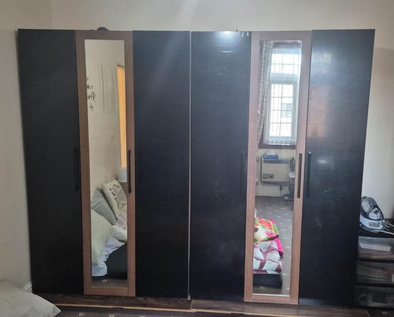 Large Black Wardrobe with Mirrors – Good Condition