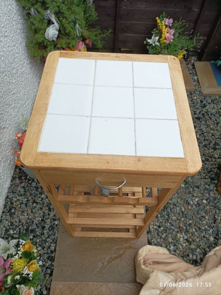 Great Kitchen Trolley with white tiles on top and wheels and wine bottle rack and 2 shelfs £12