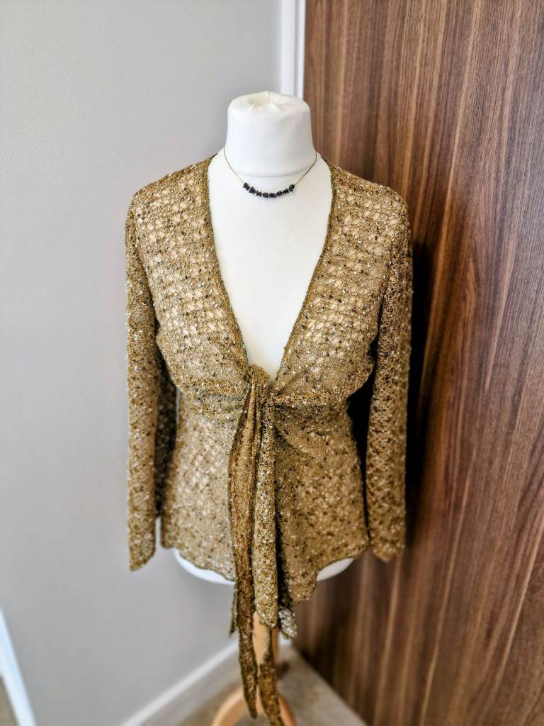 Gold Metallic Knit Cardigan | Y2K 70s Boho Tie Front Flare Sleeve Cover Up M / 12