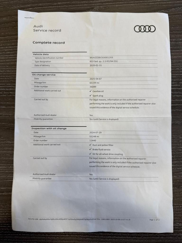 2020 Audi RS3 RS 3 TFSI 400 Quattro 4dr S Tronic SALOON PETROL Automatic