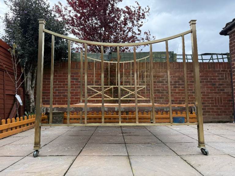 Original "Hampton & Sons" Edwardian Art Deco Pure Brass & Cast Iron King Bed Frame with Casters