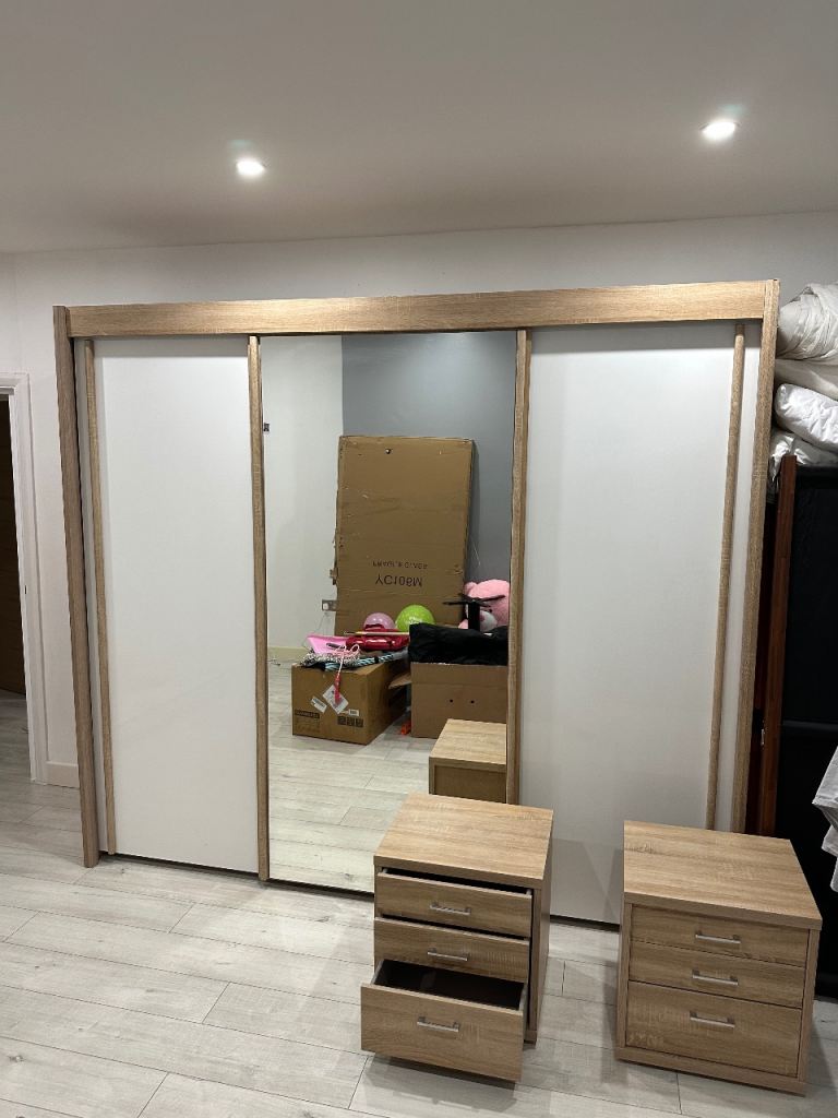 3 Door Freestanding Sliding Wardrobe with Mirror and 2x Side Tables