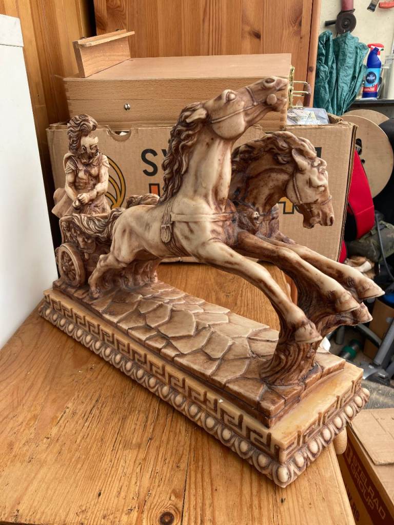 SIGNED LORENZO TONY ROMAN CHARIOT ALABASTER COMPOSITE STATUE