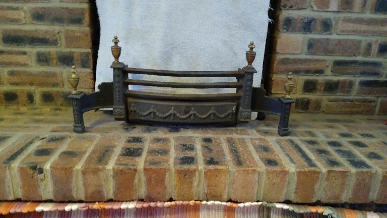 Vintage Black Cast Iron Fire Fret 46cm x 13cm high with brass dogs and grate