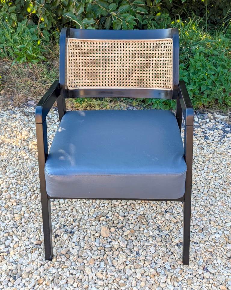 Pair Rattan Back Black Carver Dining Chairs - Occasional Armchairs Cafe Chairs