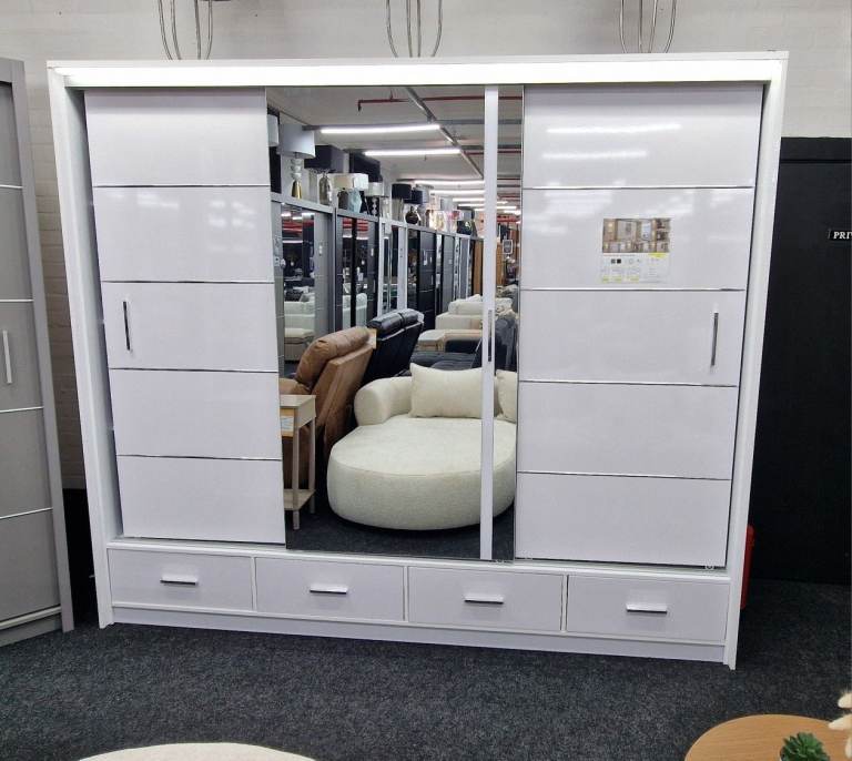 White Gloss Wardrobe with Sliding Mirror Doors and Drawers 255cm Lux Wardrobe Free home delivery 