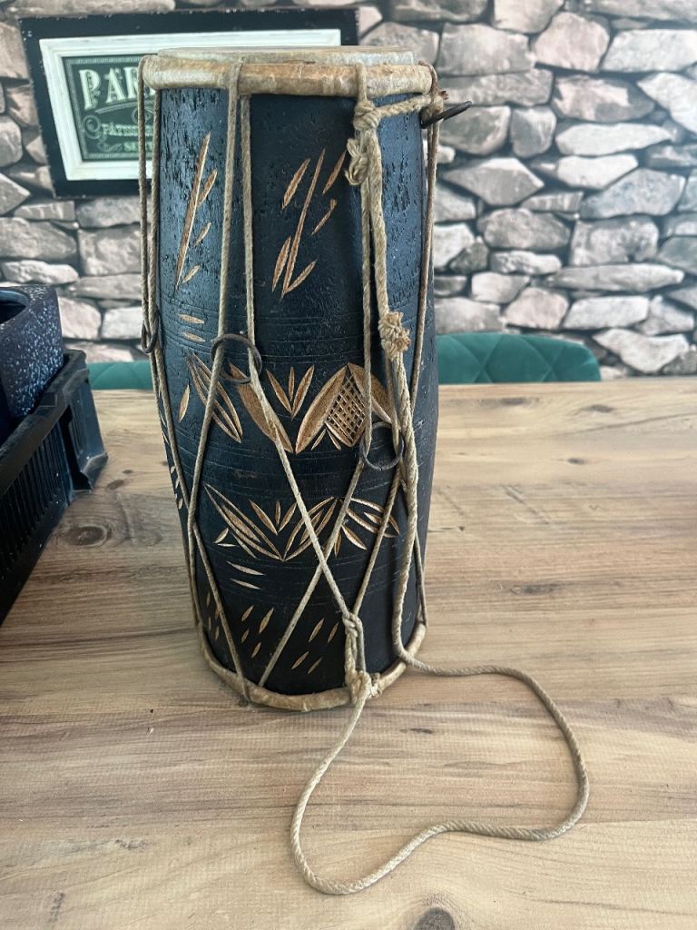 Vintage African tribal drum wood carved