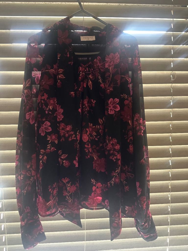 Black & Pink Floral Long Sleeve Blouse, Good Condition