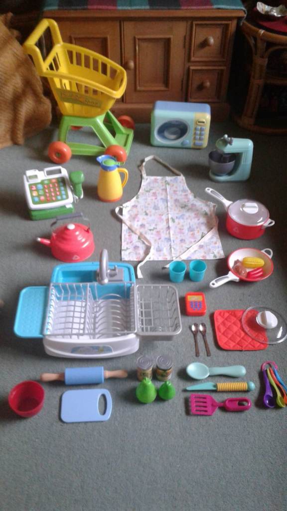 Kids Play Kitchen Set with Shopping Trolley, Mixer, Microwave, Working Sink and Accessories