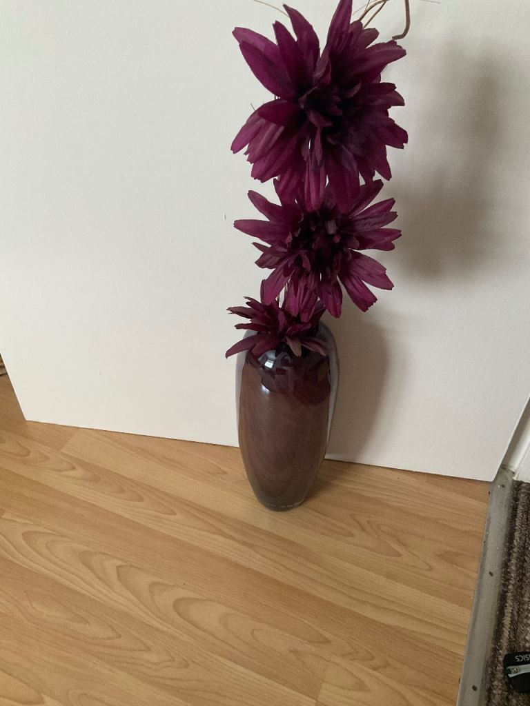 Large purple glass vase with artificial flowers Dunelm 