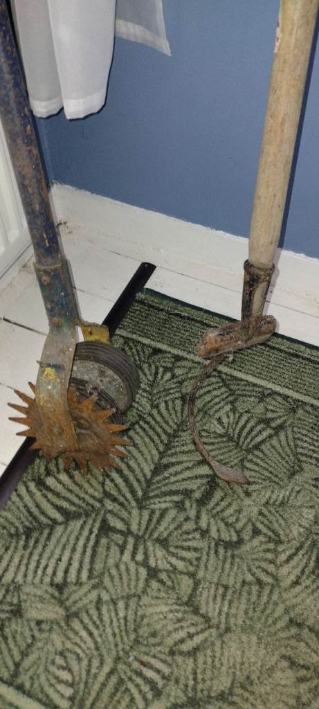 no offers 2 LONG HANDLED VINTAGE TOOLS lawn edger & hay baler make nice garden features