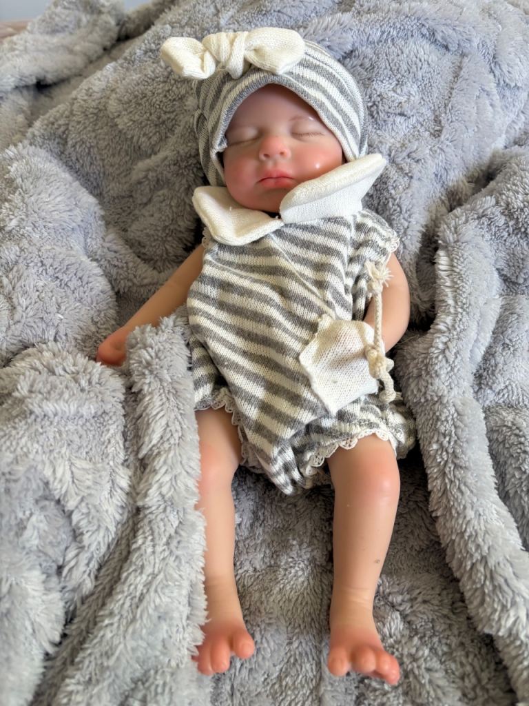 Reborn solid silicone Baby Doll with Grey Striped Outfit